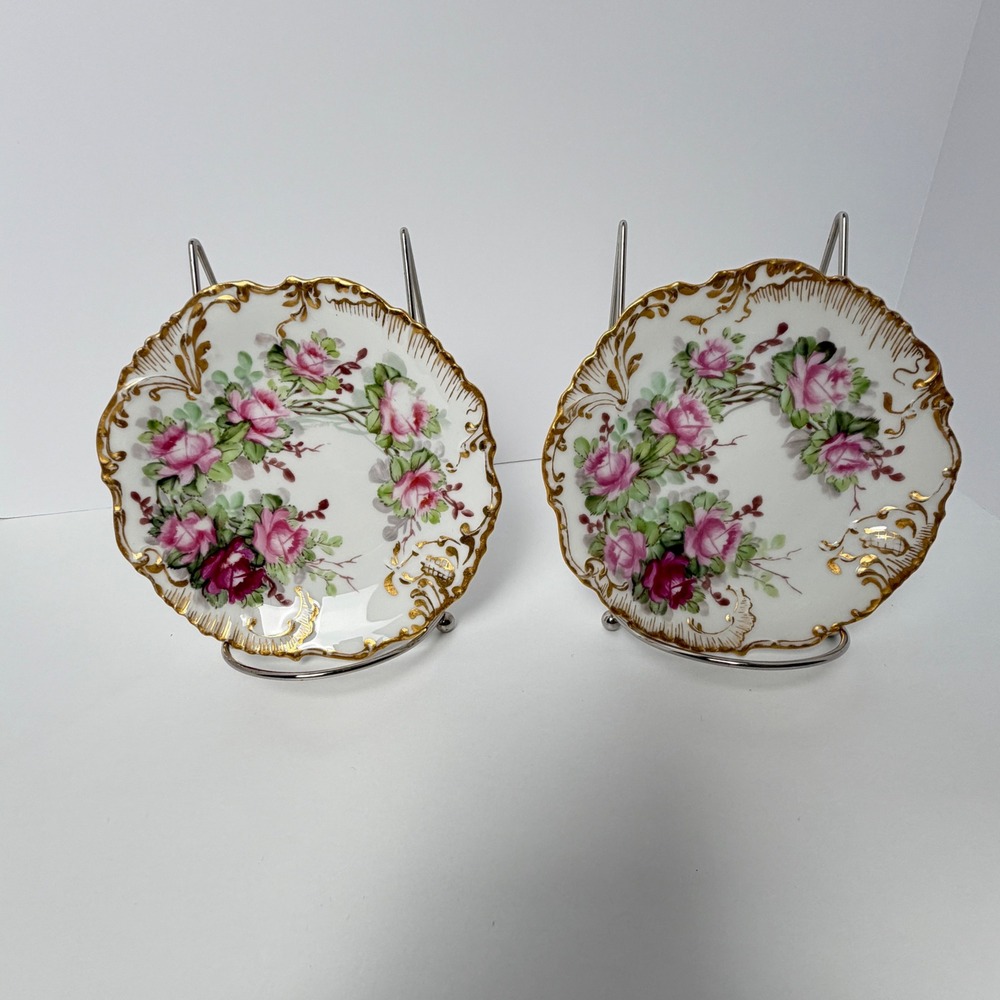 Antique T&V Limoges France Pink Rose Bread Butter Plates‎ Set of 2 Gold Gilt
